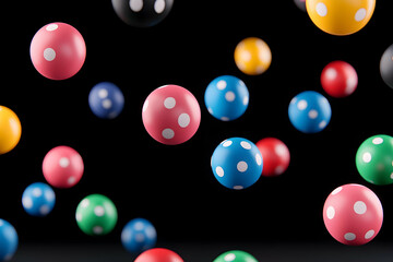 Colorful polka-dotted spheres floating against a black background