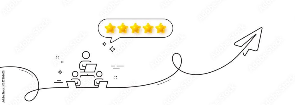 Poster teamwork line icon. continuous line with share plane. remote office sign. team employees symbol. fiv