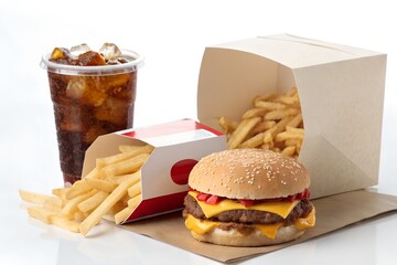 fast food combo meal with cheeseburger, crispy french fries, soft drink, and ketchup on tray, classic American takeaway lunch set