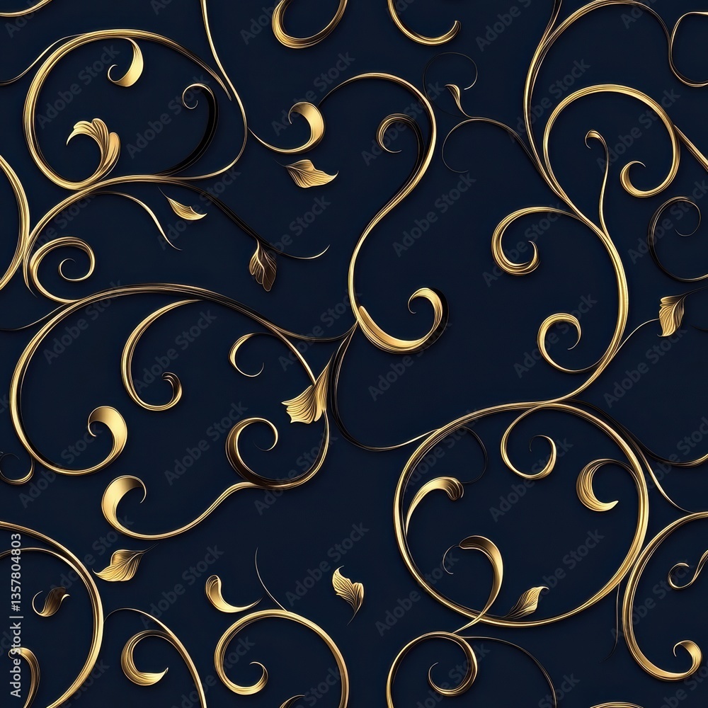 Poster seamless luxury pattern featuring intricate golden swirls on a deep navy background exuding vintage 