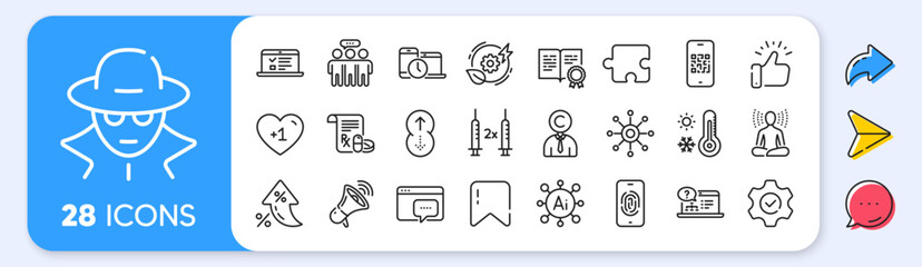 Web lectures, Execute and Multichannel line icons. Interest rate, AI generate, Inflation icons. Pack of Copyrighter, Swipe up, Qr code icon. Fraud, Megaphone, Coronavirus vaccine pictogram. Vector