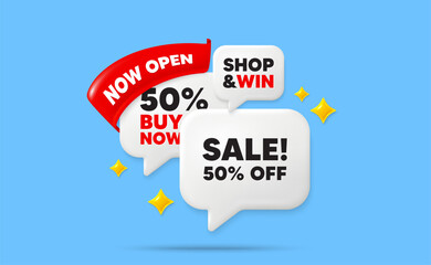 Sale speech bubbles. Now open flag ribbon. Sale 50 percent off discount. Promotion price offer sign. Retail badge symbol. Discount chat bubbles with 3d sparkles. Vector