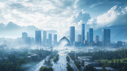A modern cityscape disrupted by a powerful earthquake, autonomous systems activating for safety