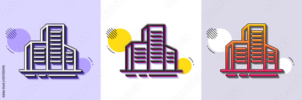 Poster buildings line icon. halftone dotted pattern. gradient icon with grain shadow. city architecture sig