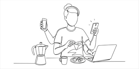 A single continuous line drawing portrays a businessman with six hands, each engaged in different tasks. This creative illustration highlights the concept of multitasking in the morning to maximize.