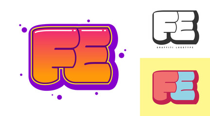 FE logo design for festival or party. Initial letter f and e in graffiti style. Creative modern lettering company name of font typography. Kids trendy logotype or identity.