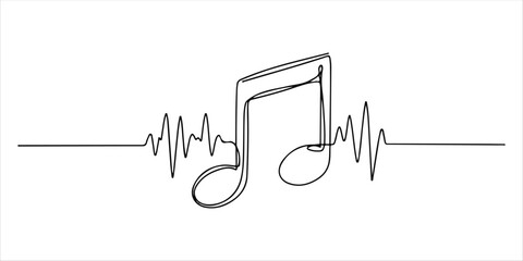 A continuous one line drawing features an abstract background of music notes, presented as a simple and elegant vector illustration. This minimalist outline sketch captures the essence of sound.