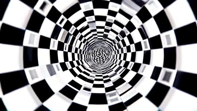 Animated hypnotic tunnel with white and black squares. Striped optical illusion 3d geometrical wormhole shape pattern motion graphics. Optical illusion created by zoom in of black and white