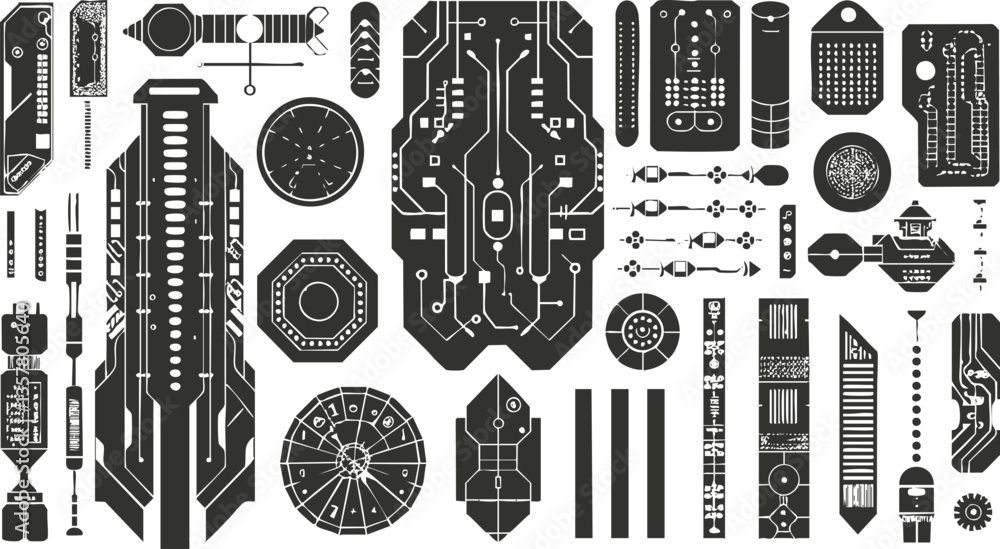 Poster futuristic black and white technology design with circuit patterns and components.