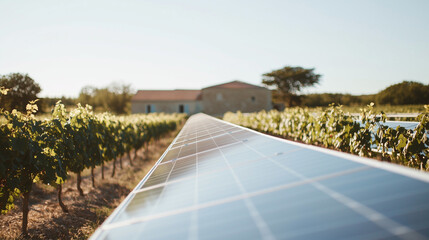 In the heart of a French vineyard, rows of blue solar panels stretch across the landscape, blending modern technology with traditional winemaking