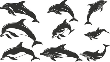 Obraz premium Silhouettes of dolphins in various swimming poses on white background.