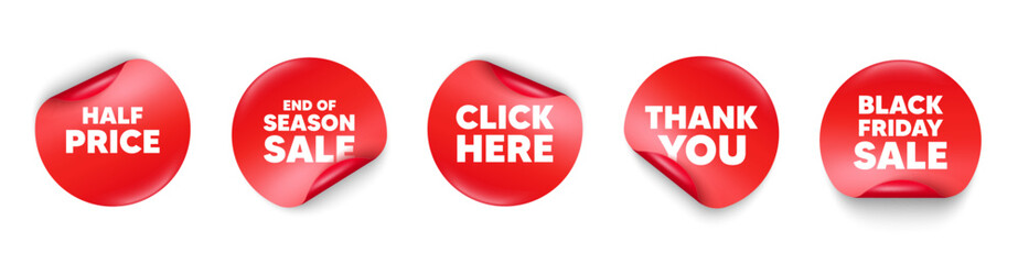 Half price sticker tag. Season sale, Black friday paper price banners. Half Price tag. Special offer Sale sign. Advertising Discounts symbol. Thank you sticker. Vector