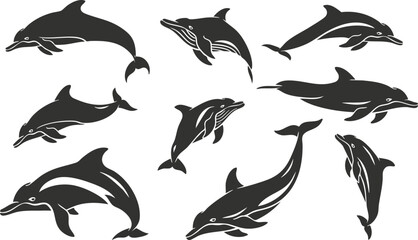 Set of dolphin silhouettes illustrating various swimming and jumping poses.