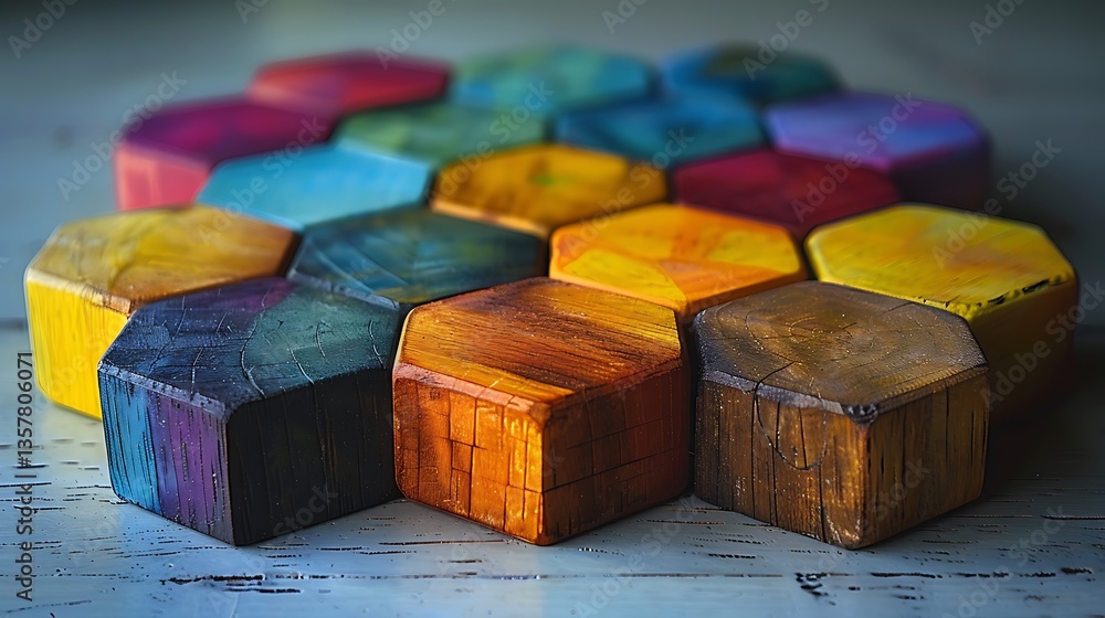 Poster colorful wooden hexagon blocks arranged in artistic pattern for creative projects and abstract desig