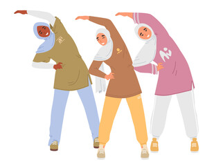 Three modern Muslim women are engaging in a group stretching exercise outdoors, showcasing their vibrant athletic wear while embracing community and wellness.