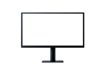 Black computer monitor cut out on transparent background - ultra-wide HD display for gaming, office and professional workstation. PNG for design solutions.