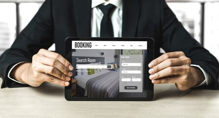 Online hotel accommodation booking website provide modish reservation system . Travel technology concept .
