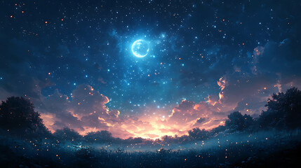 Fototapeta premium Starlit sky with glowing moon over peaceful landscape at dusk