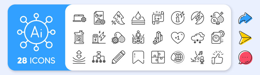 Puzzle, 3d chart and Silicon mineral line icons. Interest rate, AI generate, Inflation icons. Pack of Waterproof, Charging station, Power info icon. Vector
