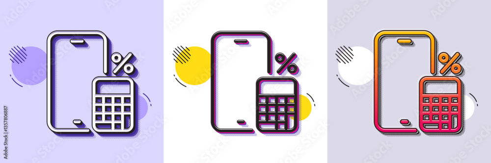 Poster phone calculator line icon. halftone dotted pattern. gradient icon with grain shadow. smartphone app