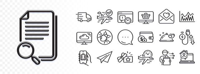 Cloud storage, Search file and Baggage app line icons for web app. Glare of light effect. Message icon. Pack of Bed bugs, Project deadline, Paper plane pictogram icons. Vector
