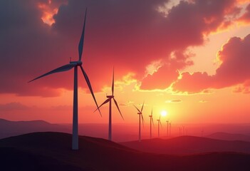 elegant wind turbines silhouetted vibrant sunset sky gorgeous colorful horizon renewable energy landscape, clouds, dusk, scenery, nature, evening, panorama