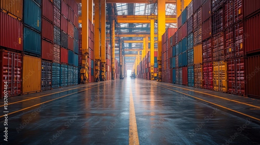 Poster rows of colorful cargo containers fill a spacious warehouse, outlining clear paths for vehicle movem