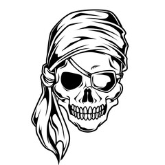 Schwarz-weiße Darstellung eines Piratenschädels mit Augenklappe und Kopftuch. Ideal für Tattoos, Piratendesigns, Abenteuer, Symbole, Ausmalbilder oder maritimen Stil.