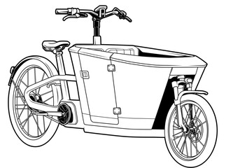 Schwarz-weiße Darstellung eines modernen E-Lastenrads mit Transportbox. Ideal für urbane Mobilität, Nachhaltigkeit, Technikdesigns, Ausmalbilder oder Verkehrsgrafiken.
