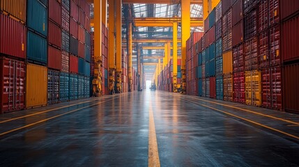 Fototapeta premium Rows of colorful cargo containers fill a spacious warehouse, outlining clear paths for vehicle movement.