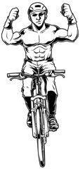 Schwarz-weiße Darstellung eines muskulösen Radfahrers mit Helm, der jubelnd die Arme hebt. Perfekt für Sport, Fitness, Motivation, Ausmalbilder oder Wettkampf-Designs.