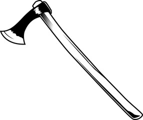 Schwarz-weiße Darstellung einer klassischen Axt mit langem Holzgriff. Ideal für Handwerk, Wikinger, Forst, Survival, Symbolik, Ausmalbilder oder historische Waffen.