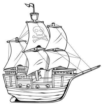 Schwarz-wei&szlig;e Darstellung eines klassischen Piratenschiffs mit Totenkopfflagge. Ideal f&uuml;r Abenteuer, Seefahrt, Ausmalbilder, Kinderdesigns, Tattoos oder Fantasy.