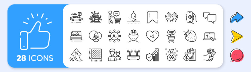 Obraz premium Bed, Report and Fraud line icons. Interest rate, AI generate, Inflation icons. Pack of Euler diagram, Swipe up, Couple icon. Waterproof, Strawberry, Speech bubble pictogram. Vector