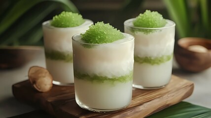 Refreshing Green Dessert Drink in Glasses on Wooden Serving Board