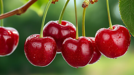 Close-up capture of juicy red cherries hanging from sunlit branch with soft breeze movement, bright summer ambiance