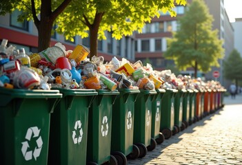 Fototapeta premium overflowing recycling bins colorful waste materials urbanscene sustainability environmental awareness, container, plastic, glass, paper, trash, cleanup