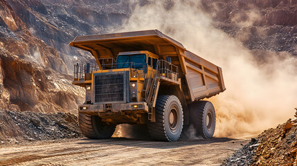 Obraz premium A heavy-duty mining truck transporting ores across a rugged mine site, with the truck filled to capacity and dust rising behind it as it moves forward.