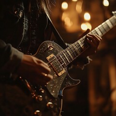 Fototapeta premium A person is playing an electric guitar with illuminated background