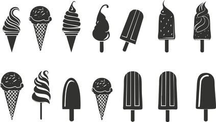 Vector silhouette icons of various ice creams and popsicles.