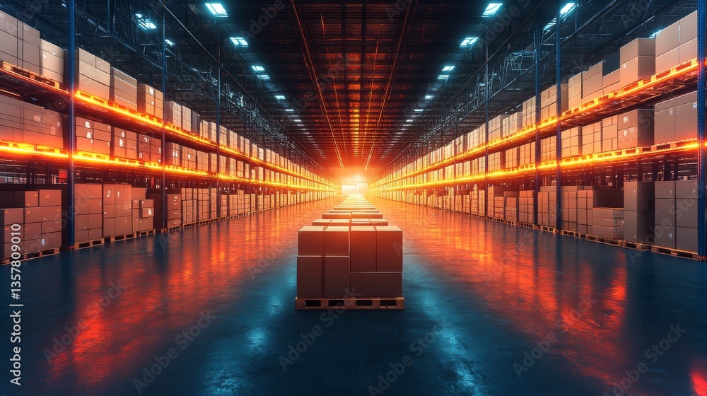 Fototapete inside a spacious warehouse, neatly stacked boxes line the shelves, illuminated by bright lights. th