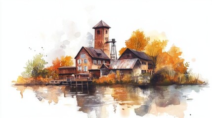 Fototapeta premium National Bike Week National Mills Weekend Charming lakeside mill with autumnal foliage and reflective waters