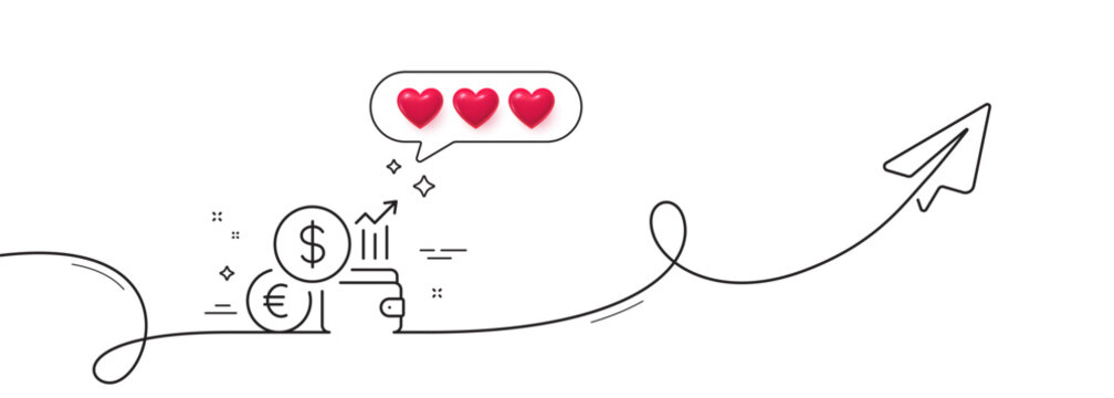 Currency rates line icon. Continuous line with share plane. Money exchange sign. Trade wallet symbol. Hearts rate review in speech bubble. Currency rate single line ribbon. Loop curve pattern. Vector
