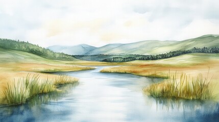 Obraz premium A Watercolor Painting Depicts A Calm River Landscape Scene
