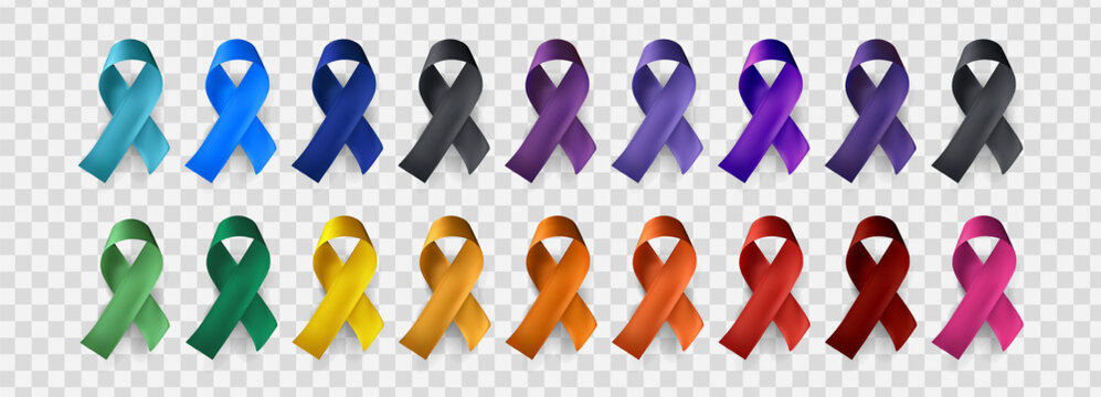 Colorful awareness ribbons in various colors representing different causes. Symbol of support, prevention, unity. Realistic 3D design for campaign graphics. Vector illustration