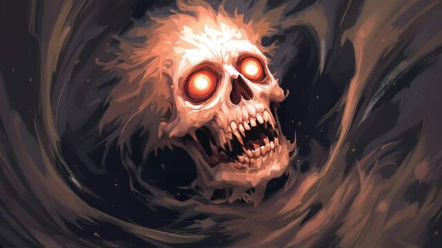 An eerie yet artistic animation of a surreal zombie painting coming to life. The undead figure emerges from swirling brushstrokes, its hollow eyes glowing with an unnatural light