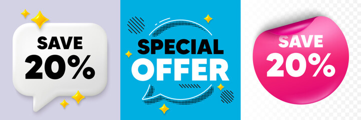 Discount speech bubble. 3d sparkles chat, Paper sticker. Save 20 percent off tag. Sale Discount offer price sign. Special offer symbol. Special offer bubble. Halftone dots pattern. Vector