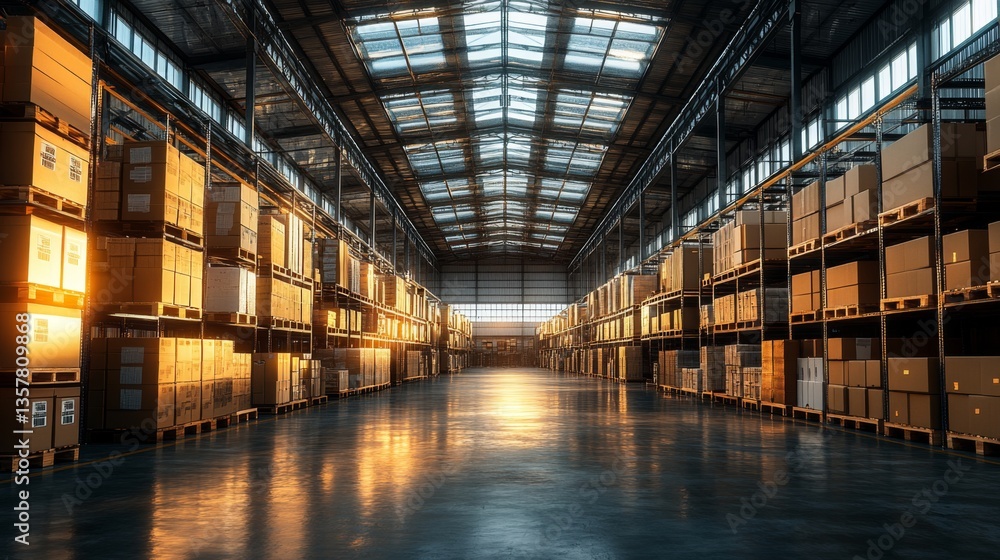 Poster warm sunlight illuminates a spacious warehouse filled with neatly stacked boxes, highlighting effici