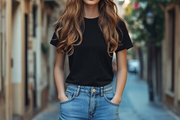 A young woman with long, wavy hair is standing on a city street, facing forward and slightly to the side. She wears a plain black t-shirt mockup and blue jeans, with her hands in her pockets