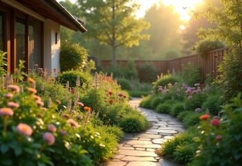 Obraz premium vibrant eco friendly home garden native plants sustainable landscaping lush greenery diversity, flowers, shrubs, herbs, foliage, vegetation, perennials